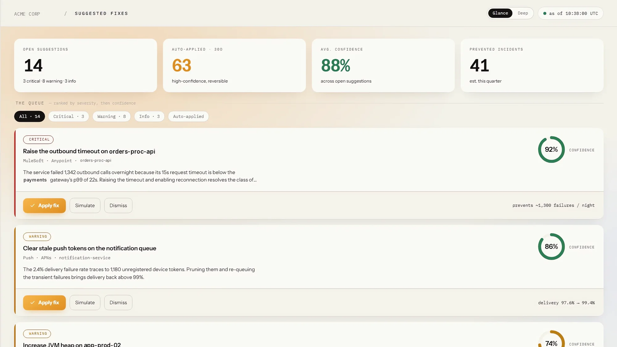 TraceIT — Suggested fixes, shown with demonstration data
